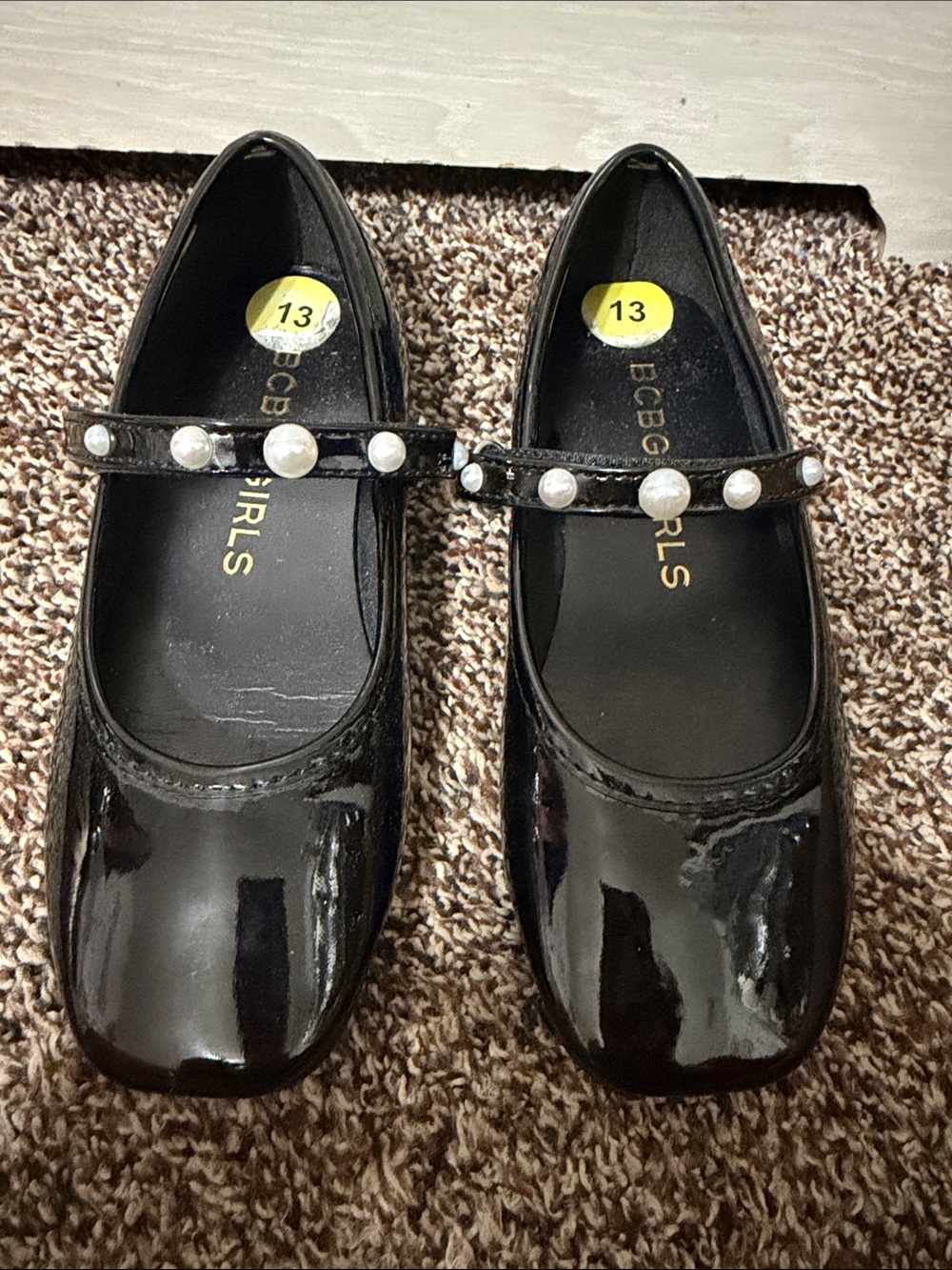 BCBGirls Black Patent Mary Jane Flats with Pearl Strap